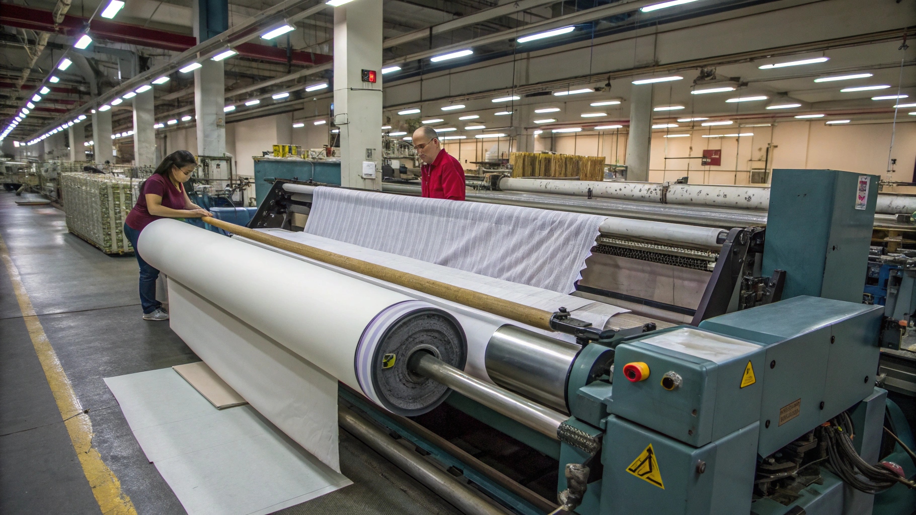 A large industrial textile machine with rollers in a factory setting.