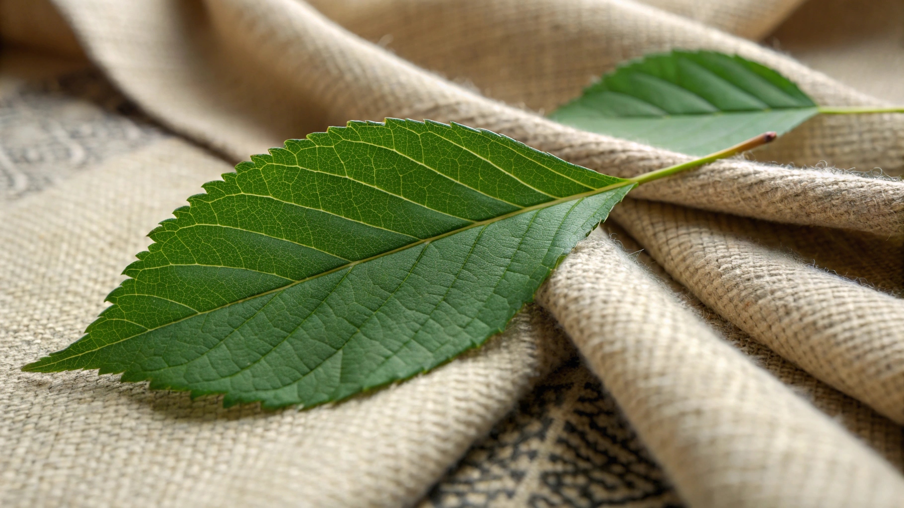 A green leaf resting on a textile background, symbolizing eco-friendly fabric