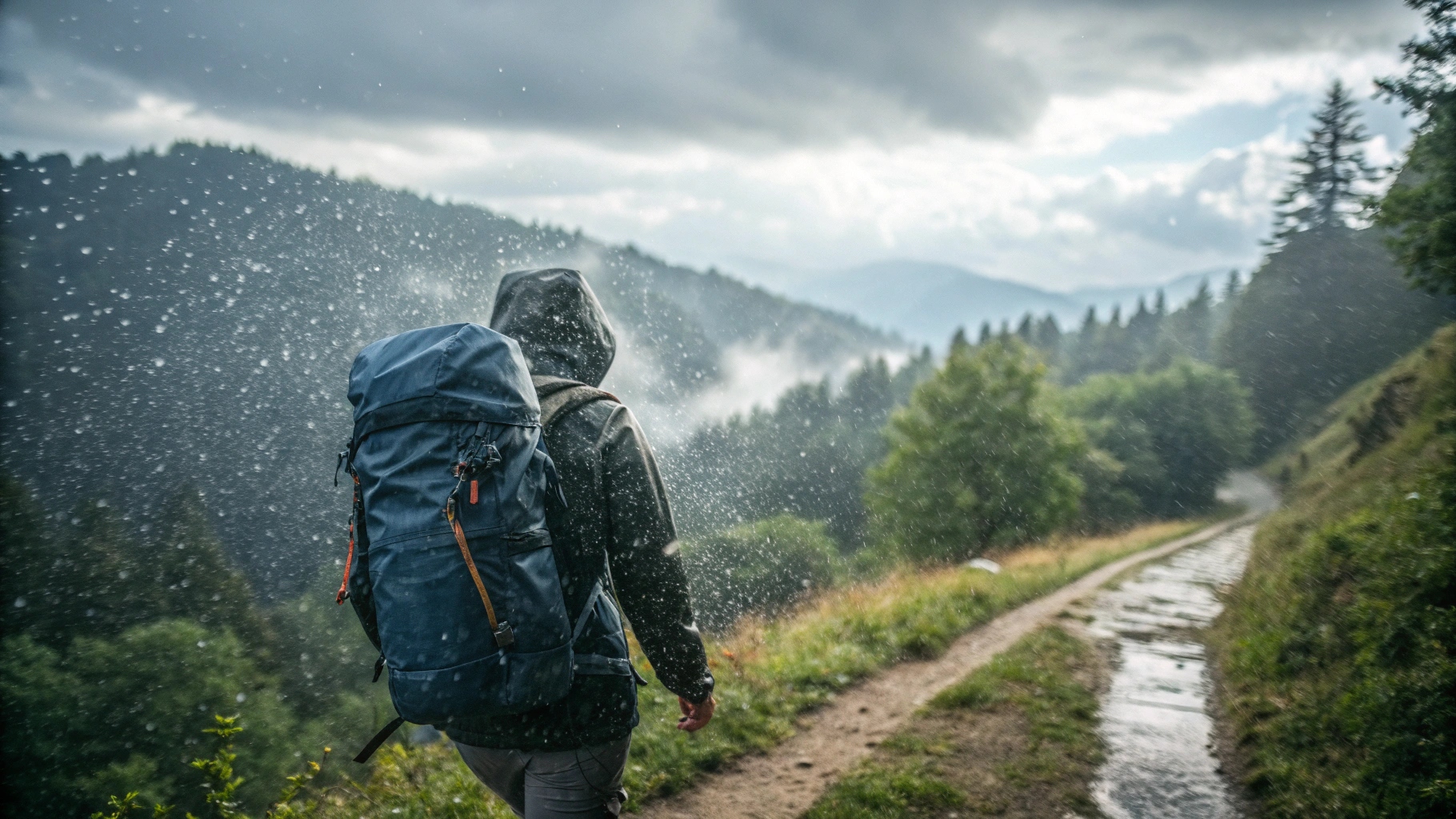 A person hiking in light rain with a water-resistant backpack