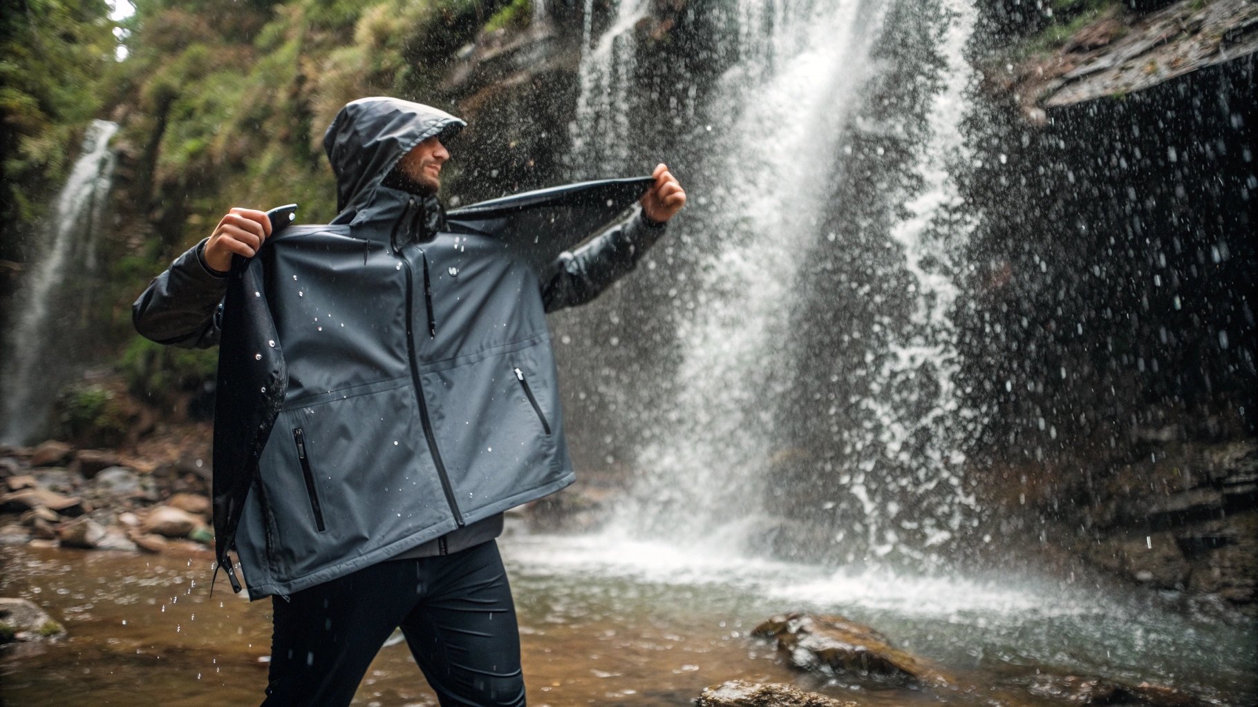 A person holding a waterproof jacket under a waterfall