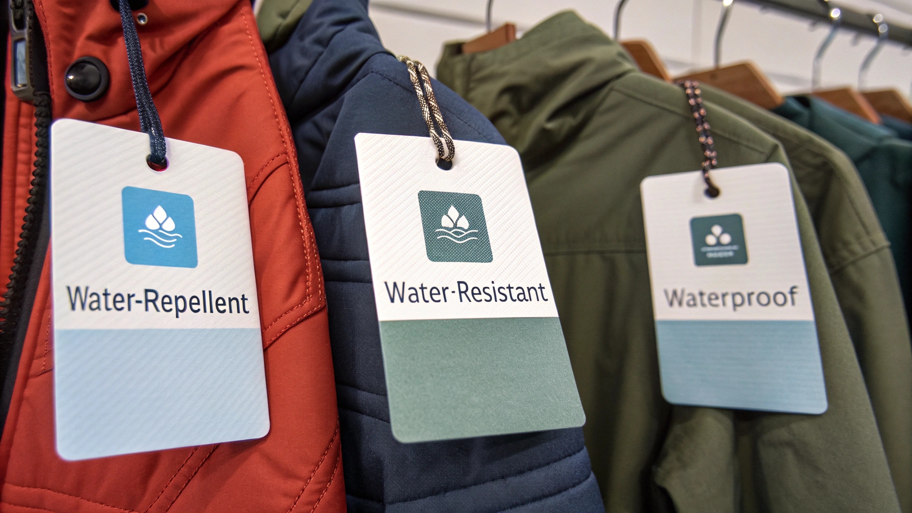 Different clothing tags showing various water protection claims