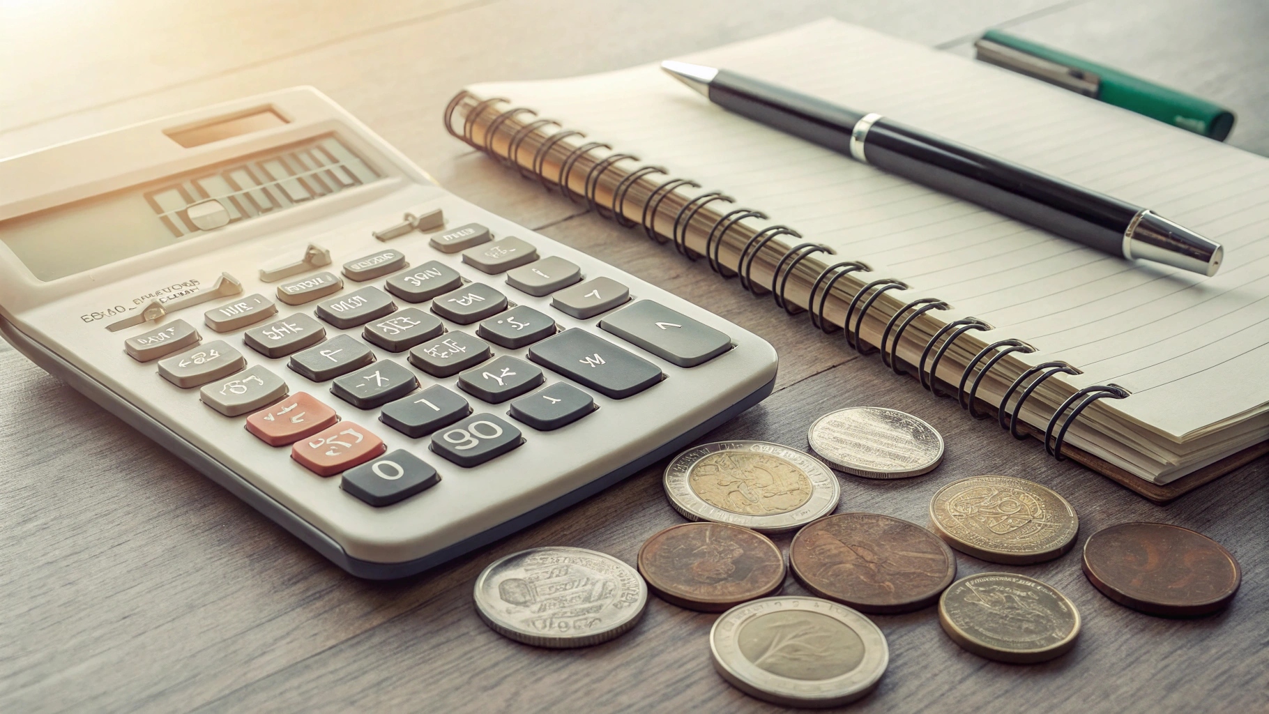 A calculator and coins on a desk, representing cost calculation